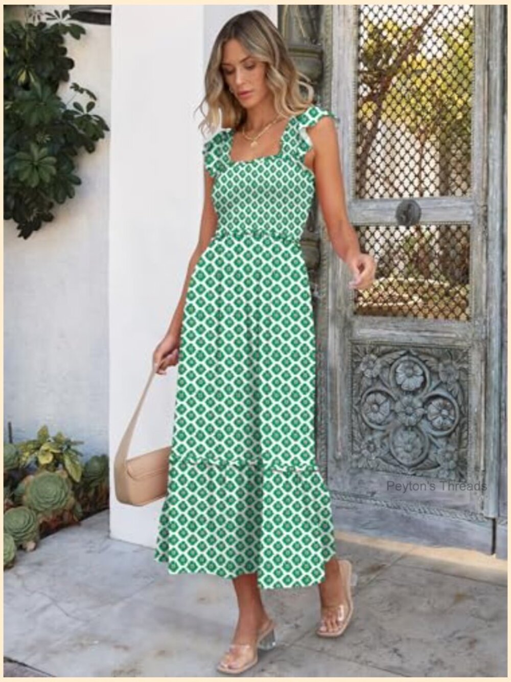 Sleeveless Maxi Dress Square Neck Smocked Boho Ruffle Strap Flowy A-Line Long - Picture 4 of 6